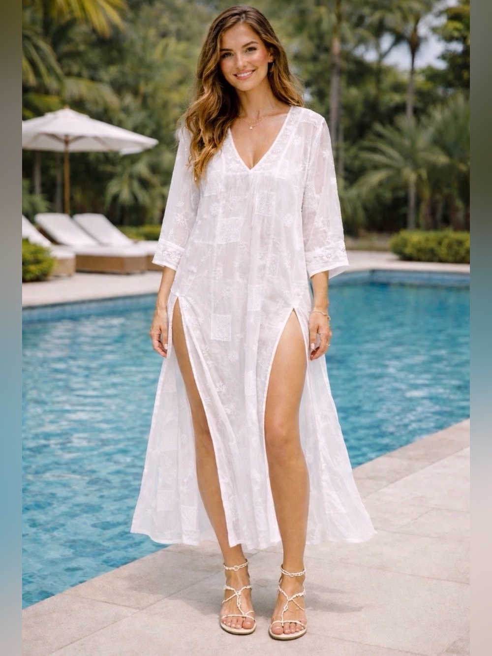 Sundance White Embroidered Beaded V-Neck Maxi Swim Cover100% Cotton M